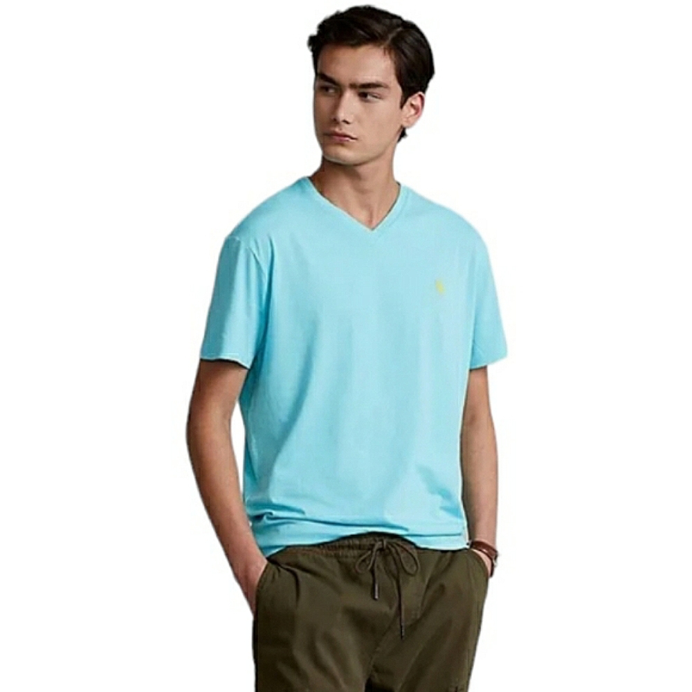 Polo Ralph Lauren V Neck Short Sleeve T Shirt Blue Yellow Logo XL